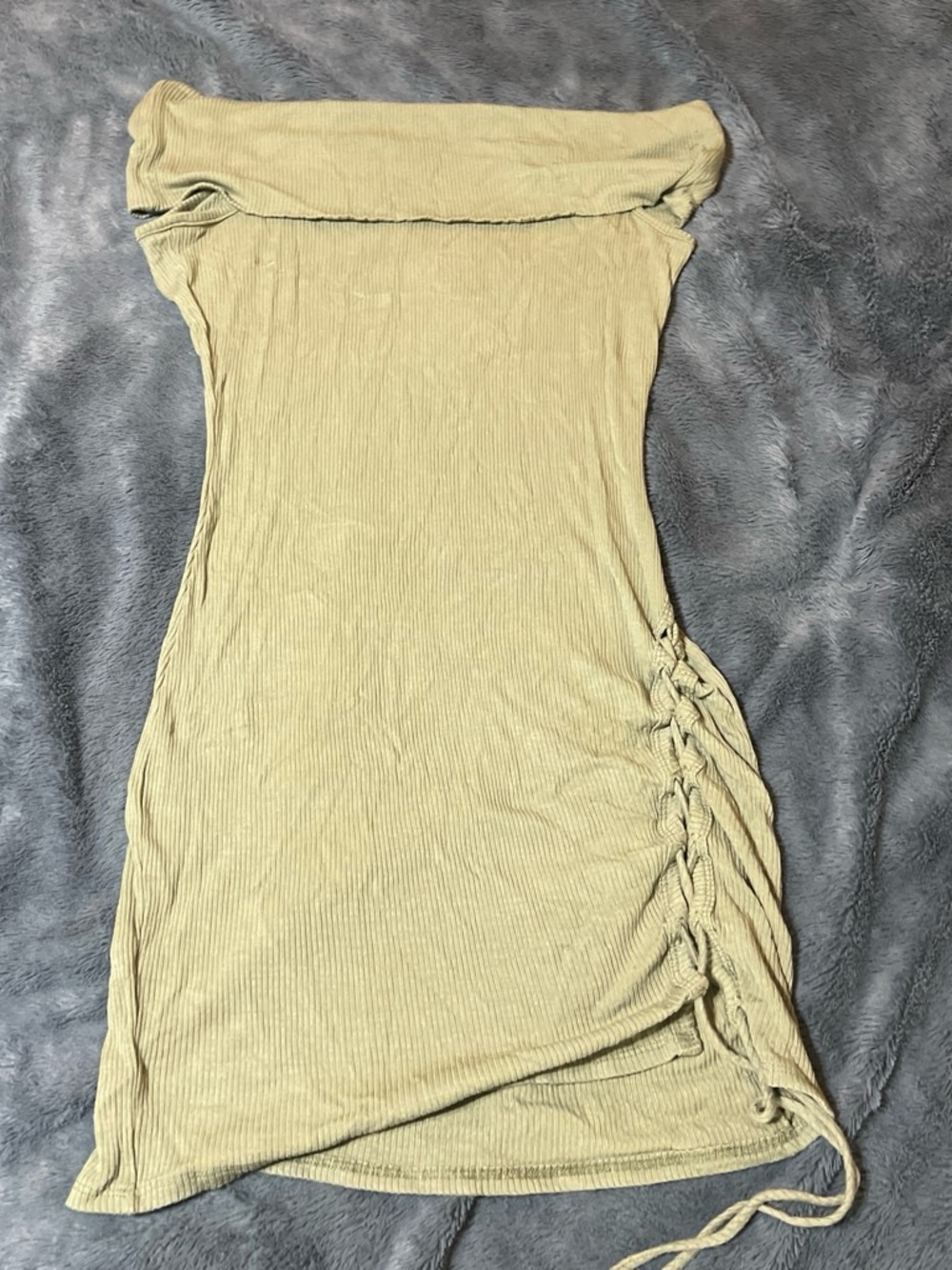 Fashion Nova Olive Green Strapless Side-Ruched Knit Dress